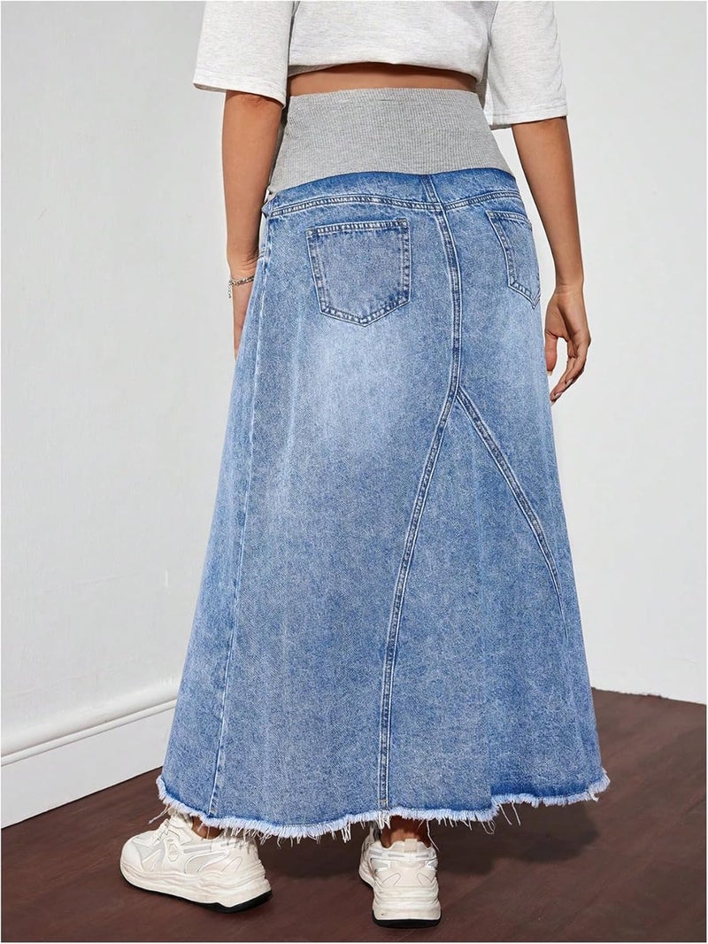 MakeMeChic Women's Maternity Jean Denim Maxi Skirt Pregnancy High Waisted A Line Adjustable Waist Long Skirts - Image 1